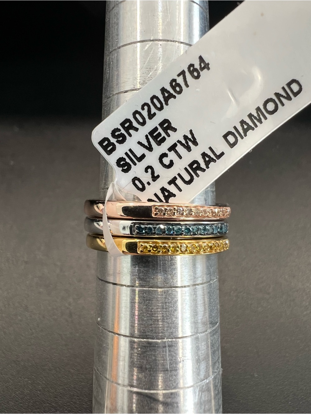 TRI-color .925 Stacking Ring Set with Natural White, Blue, and Yellow Diamonds. - Picture 3 of 6